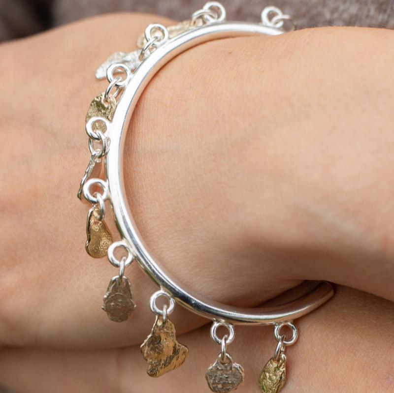 Charm rock bangle, Silver & Gold