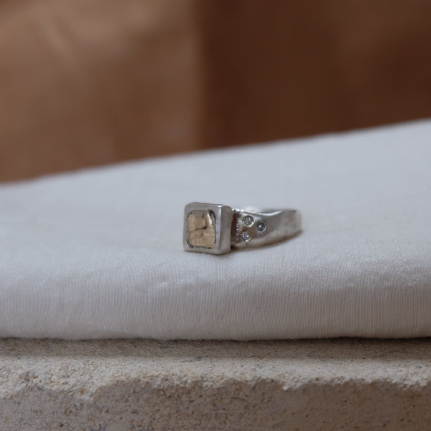 Ancient style gold & silver rock square face ring