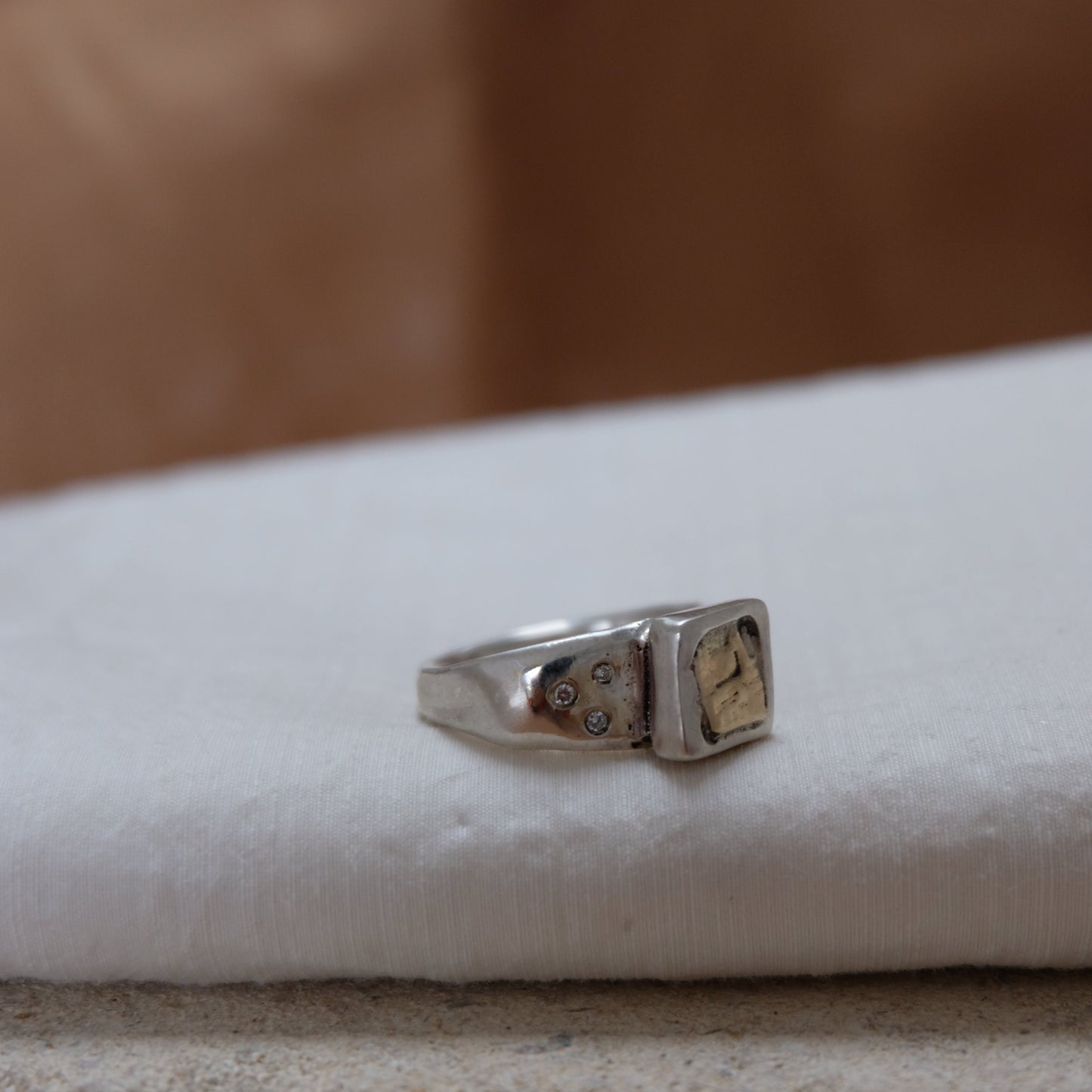 Ancient style gold & silver rock square face ring