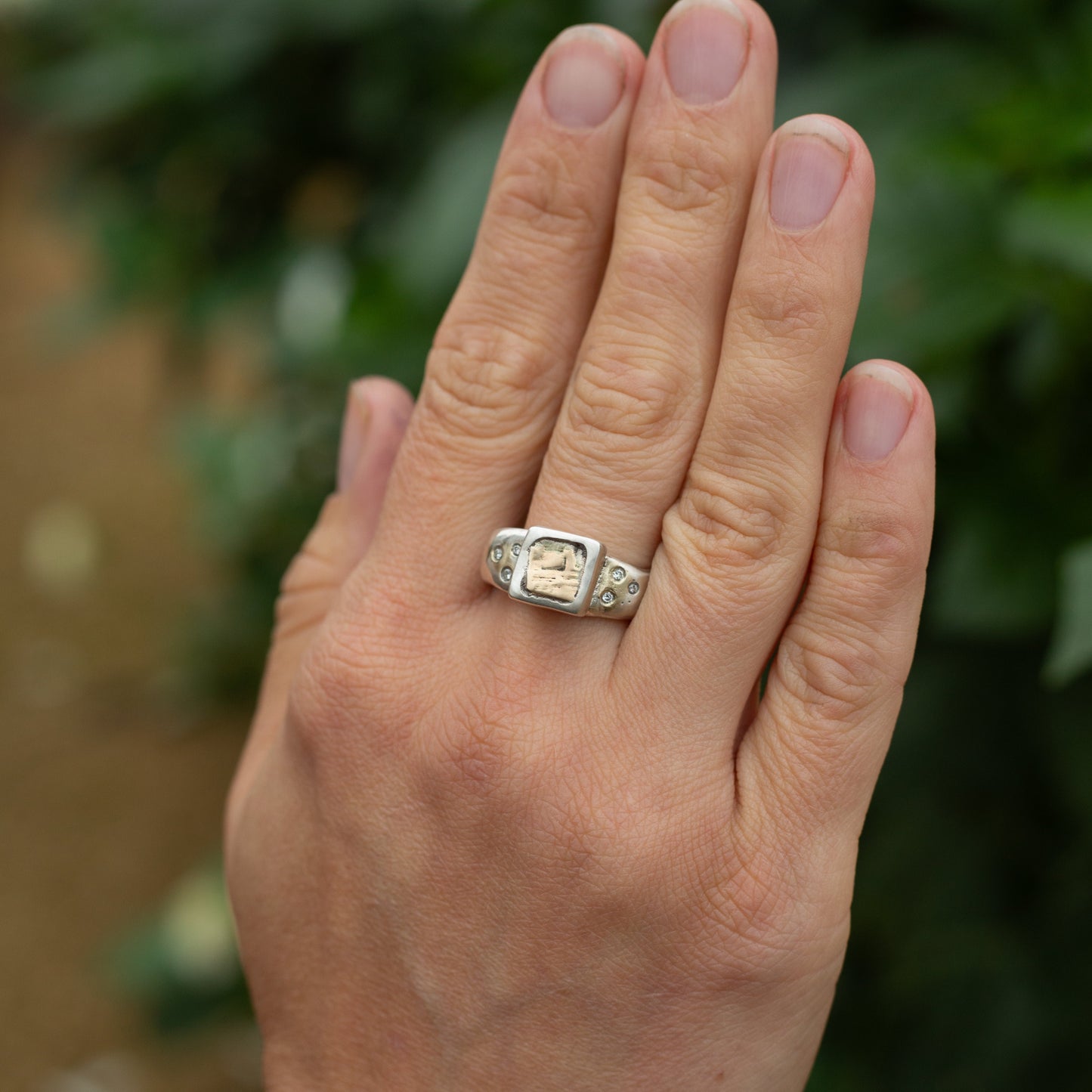 Ancient style gold & silver rock square face ring