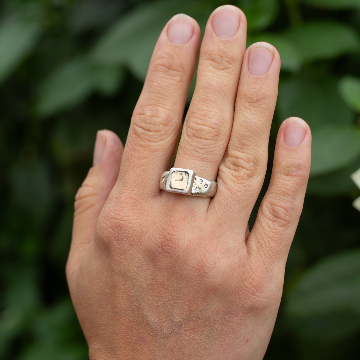 Ancient style gold & silver rock square face ring