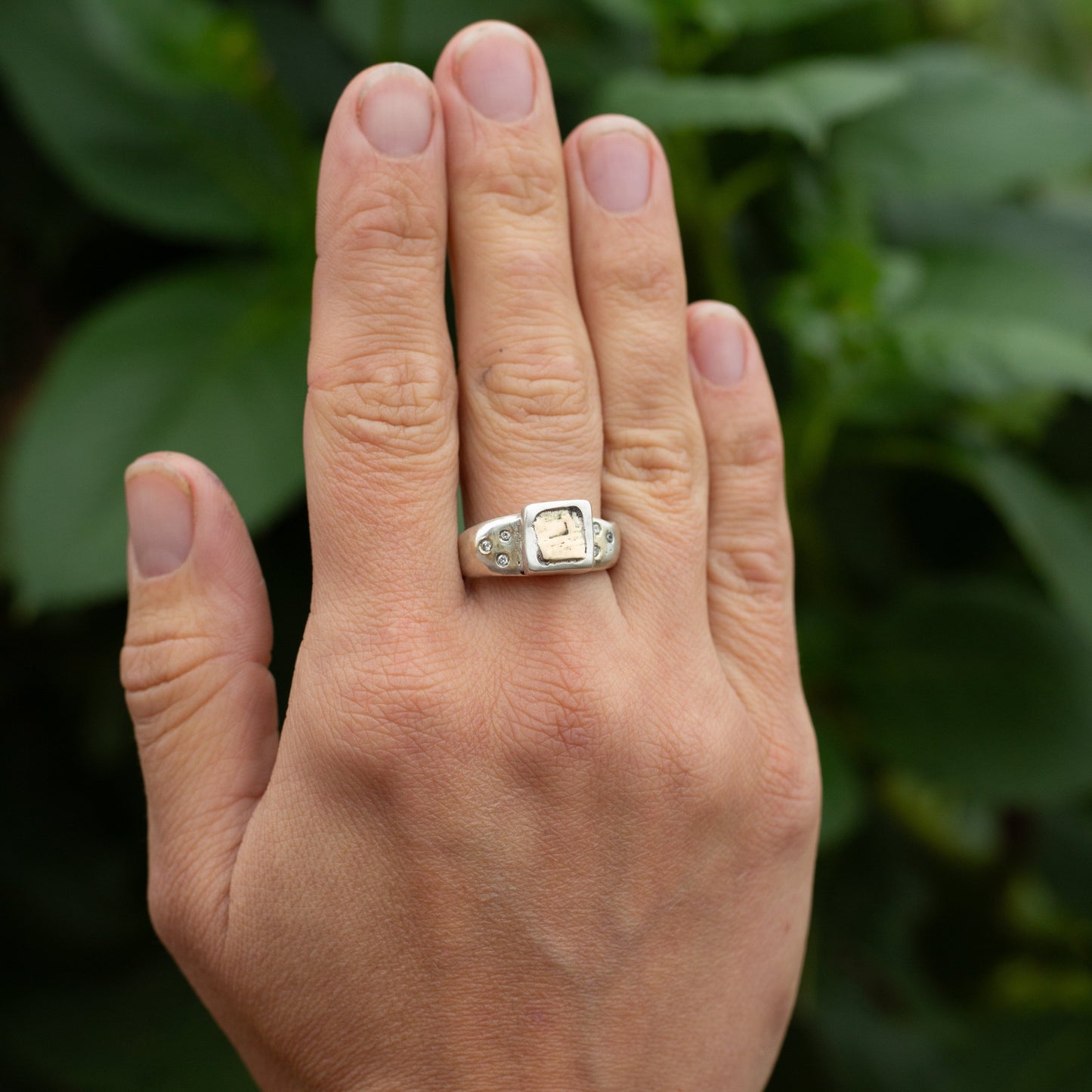 Ancient style gold & silver rock square face ring