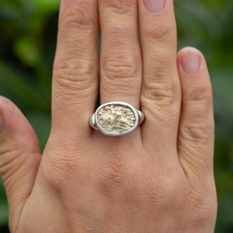 Ancient-Inspired Gold & Silver Rock Textured Ring with Ocean Diamonds