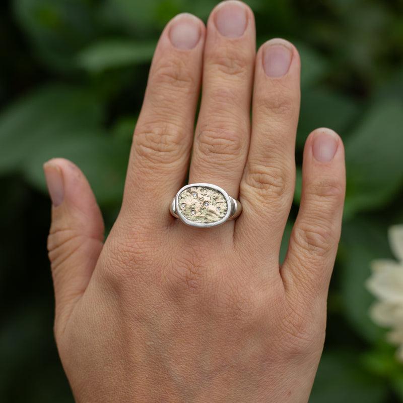 Ancient-Inspired Gold & Silver Rock Textured Ring with Ocean Diamonds